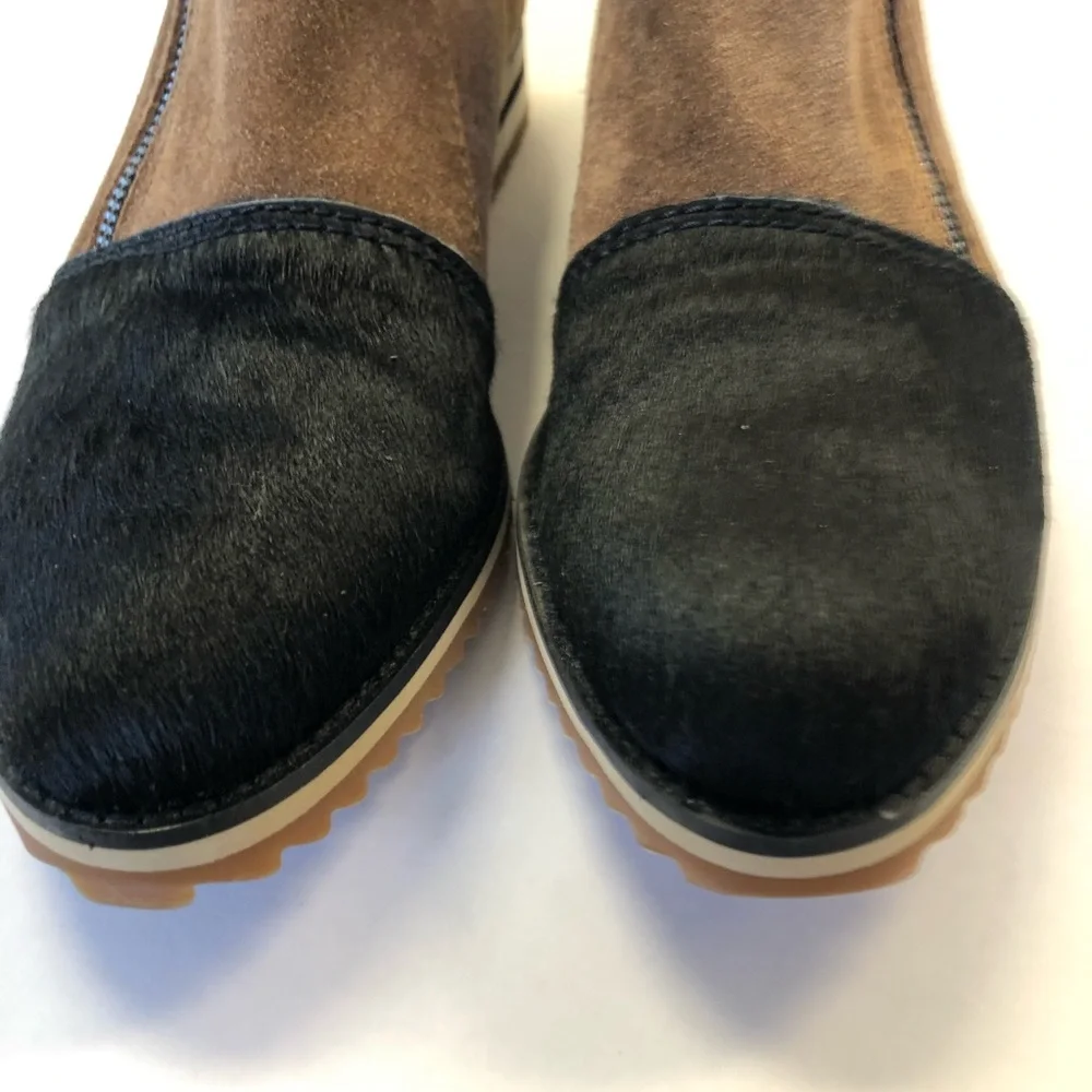 ALL BLACK Tan Suede Fur Cap‎ Slip On Shootie Sz. 39